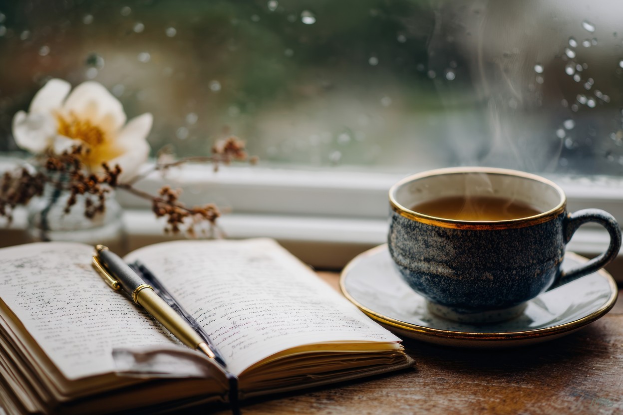 manifest abundance after 50 - note book and pen with a hot cup of tea.